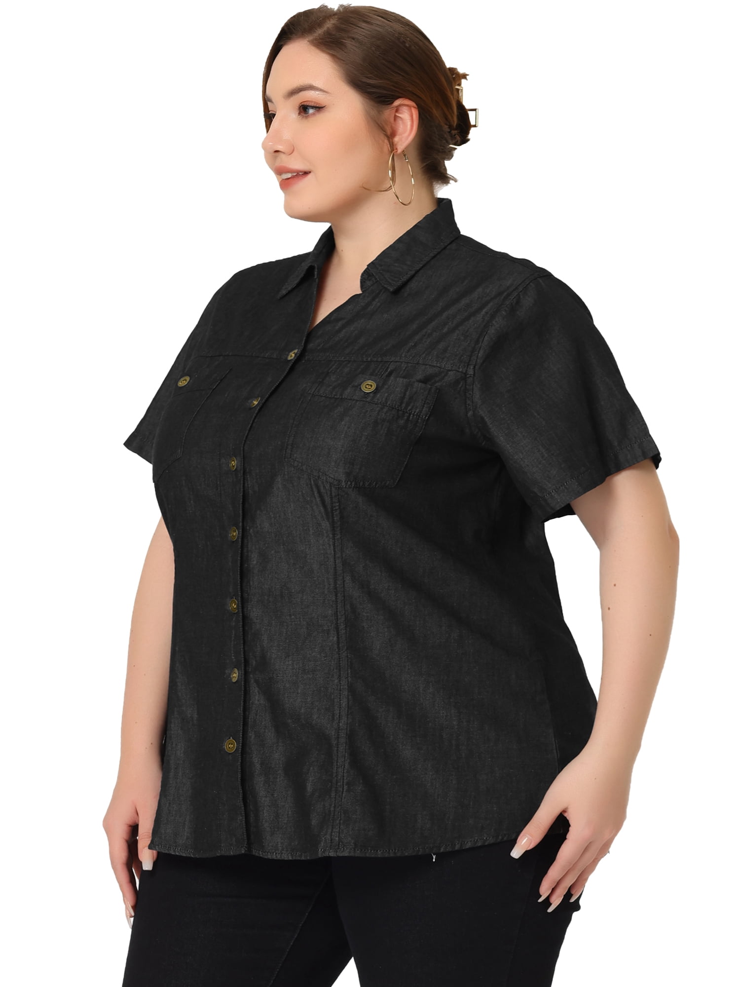 DARING DIVA Women's Plus Blouse Chest Pocket Button Down Demin Shirt 3X Black