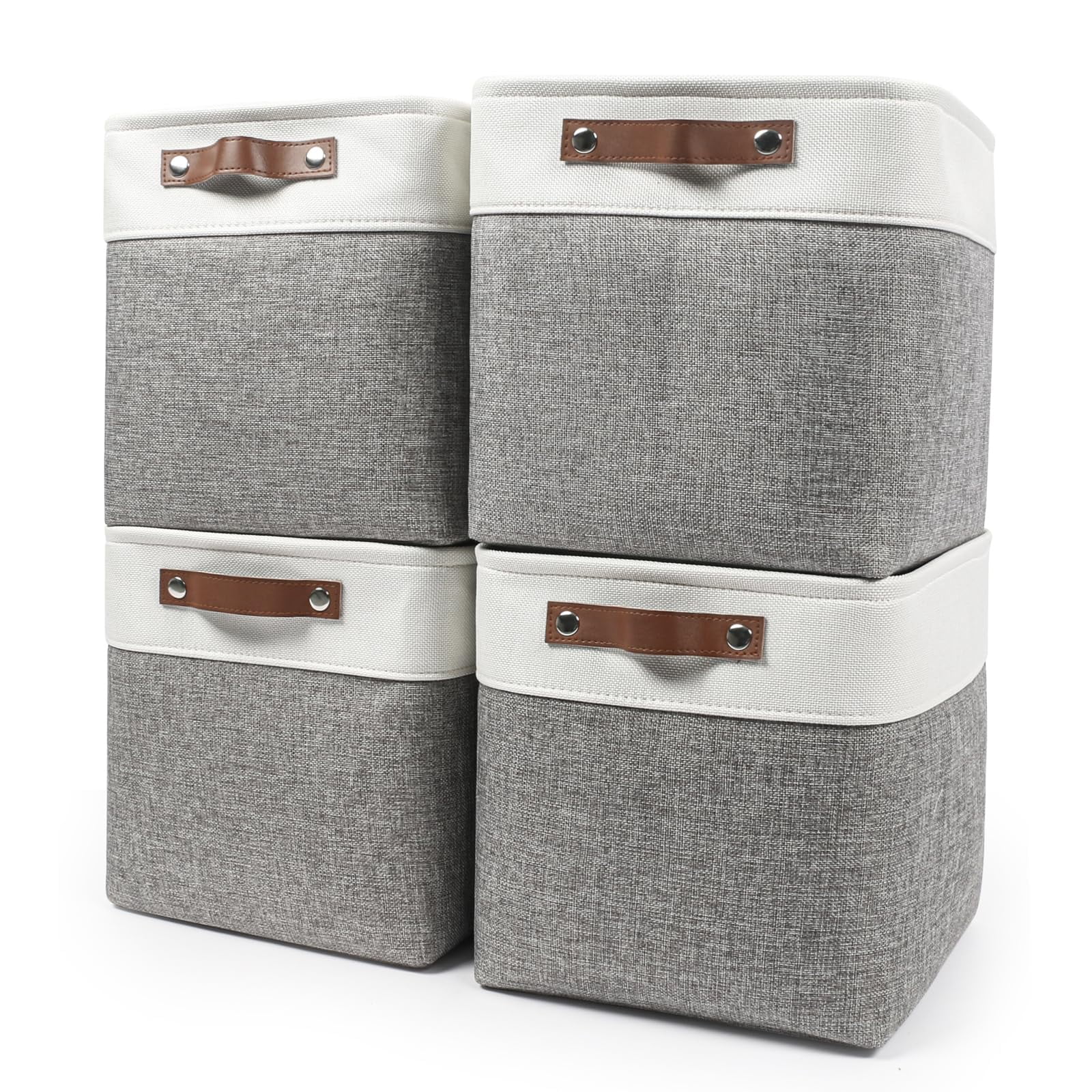 13x13 Cube Storage Bins Collapsible Fabric Storage Box 4 Pack Closet Baskets with Handles for Organizing Shelf Toys Clothes Home Office Nursery (Grey&White)