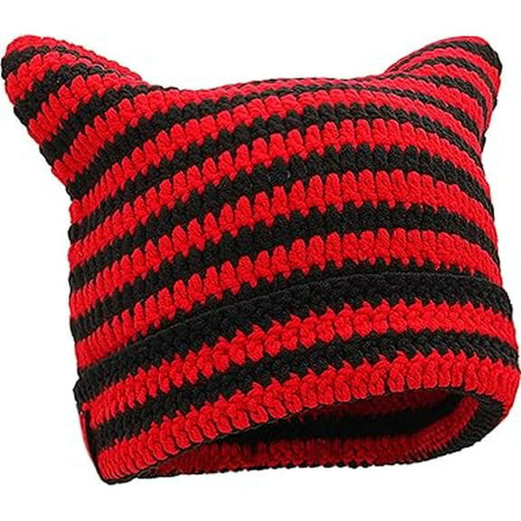 Women's Crochet Beanie, Vintage Cat & Fox Design, Slouchy Style Grunge Accessories(XX-Black red)