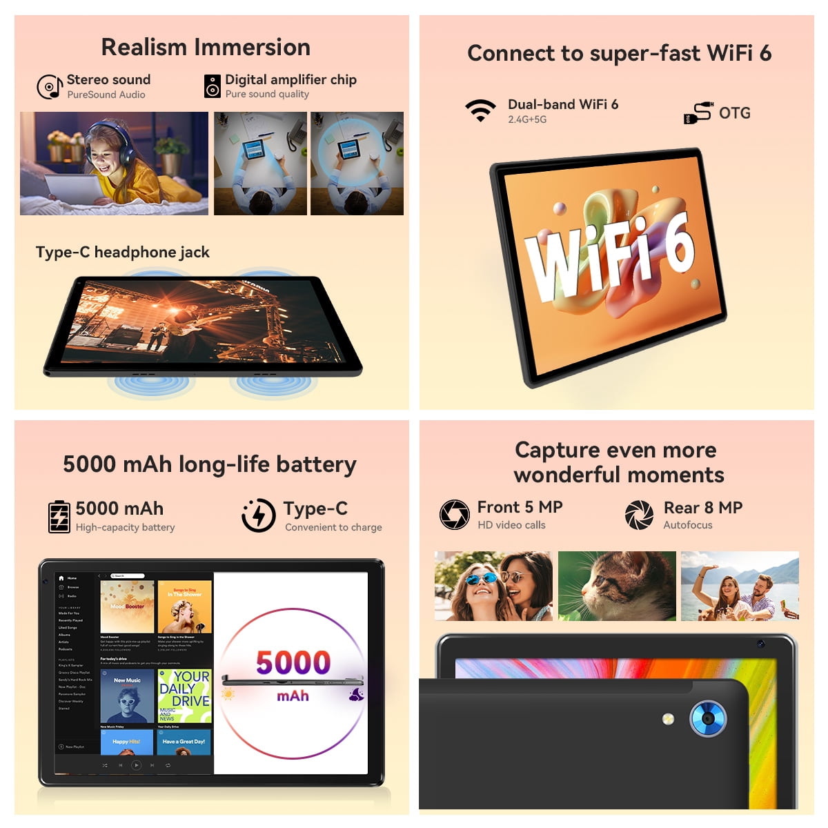 2026 Android 15 Tablet 10.1 Inch, Octa-Core, 128GB ROM, Widevine L1, WiFi 6, Bluetooth 5.3 for Student and Worker,Black