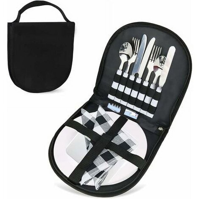 Kit de desorden para cubiertos de cocina para acampar, organizador de cubiertos, juego de 13 utensilios para comer pinic con plato ecológico, cuchara, cuchillo, tenedor, abridor de vino, tenedor