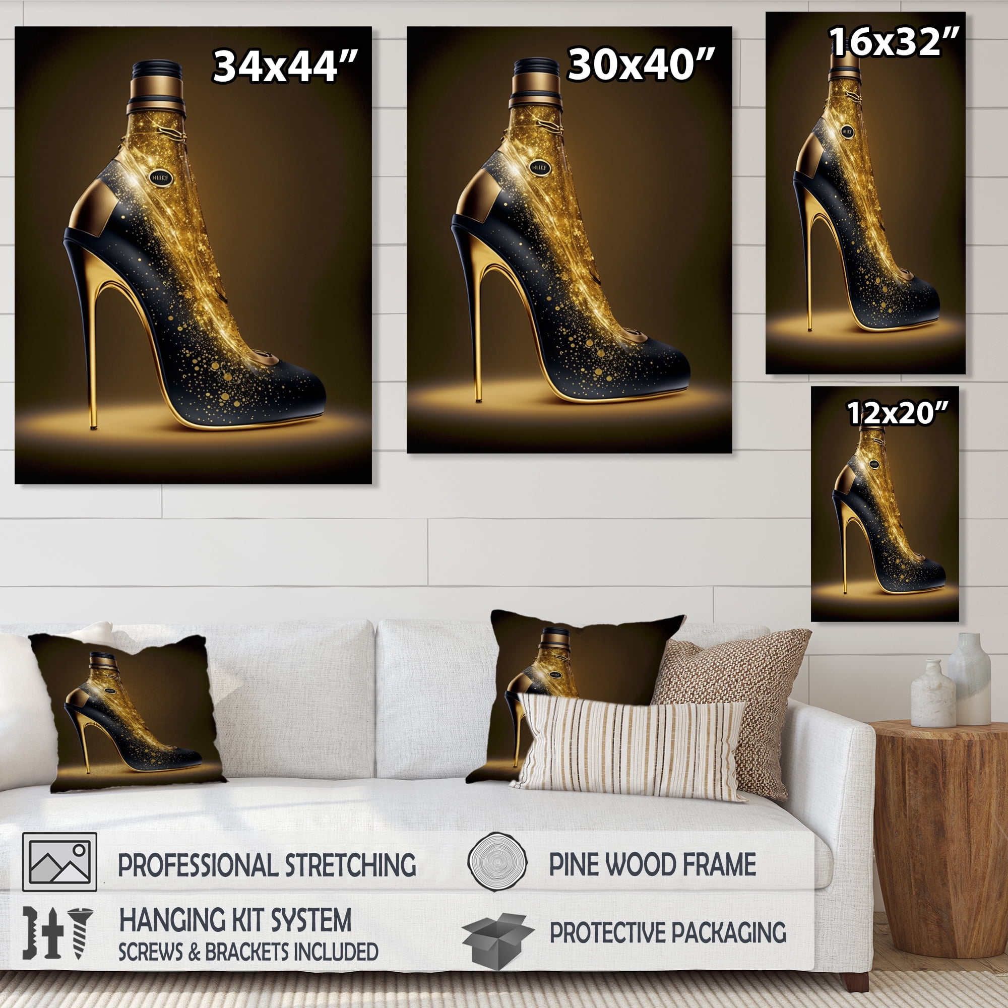 Designart Golden Champagne High Heel III Canvas Wall Art