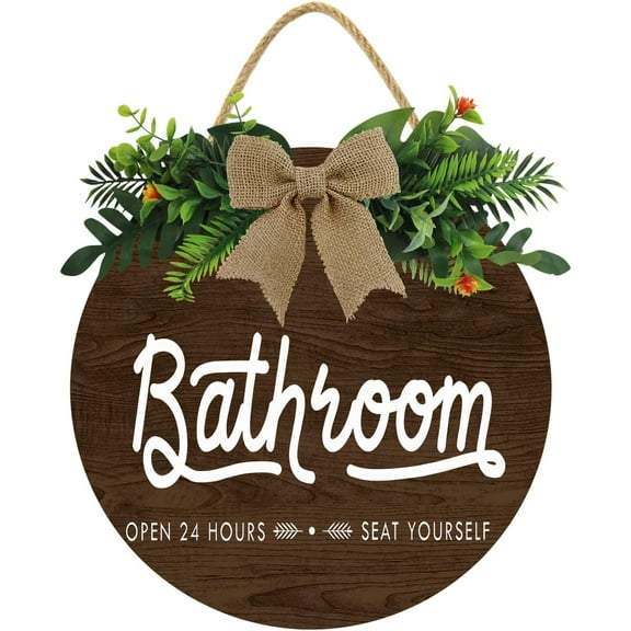 Eveokoki 12" Bathroom Open 24 Hours Seat Yourself Front Door Sign Funny Wreaths Hanging Wooden Plaque Decoration Round Rustic Wood Farmhouse Porch Decor for Home Front Door Decor