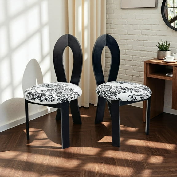 OUDOSPRS Pair of Plush Teddy Velvet Dining Chairs - Key-Design Solid Wood Chairs with Wood-Grain Embossed Cushion in Black