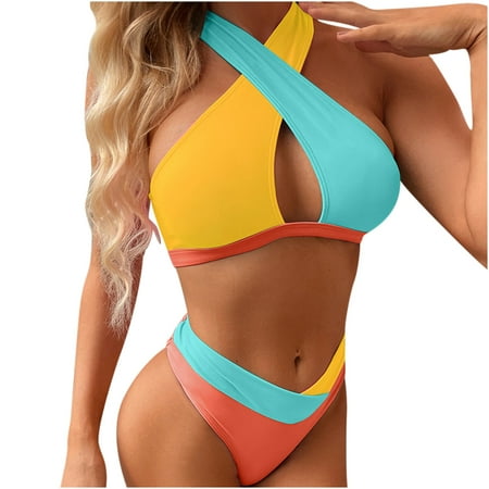 HAPIMO Women s Halter-Strap Bikini StrappySplit Bathing Suit Triangle Thong Swimwear Sets Summer Seaside Clothes for Girls Multi Color Print Beachwear Rollbacks Yellow XL