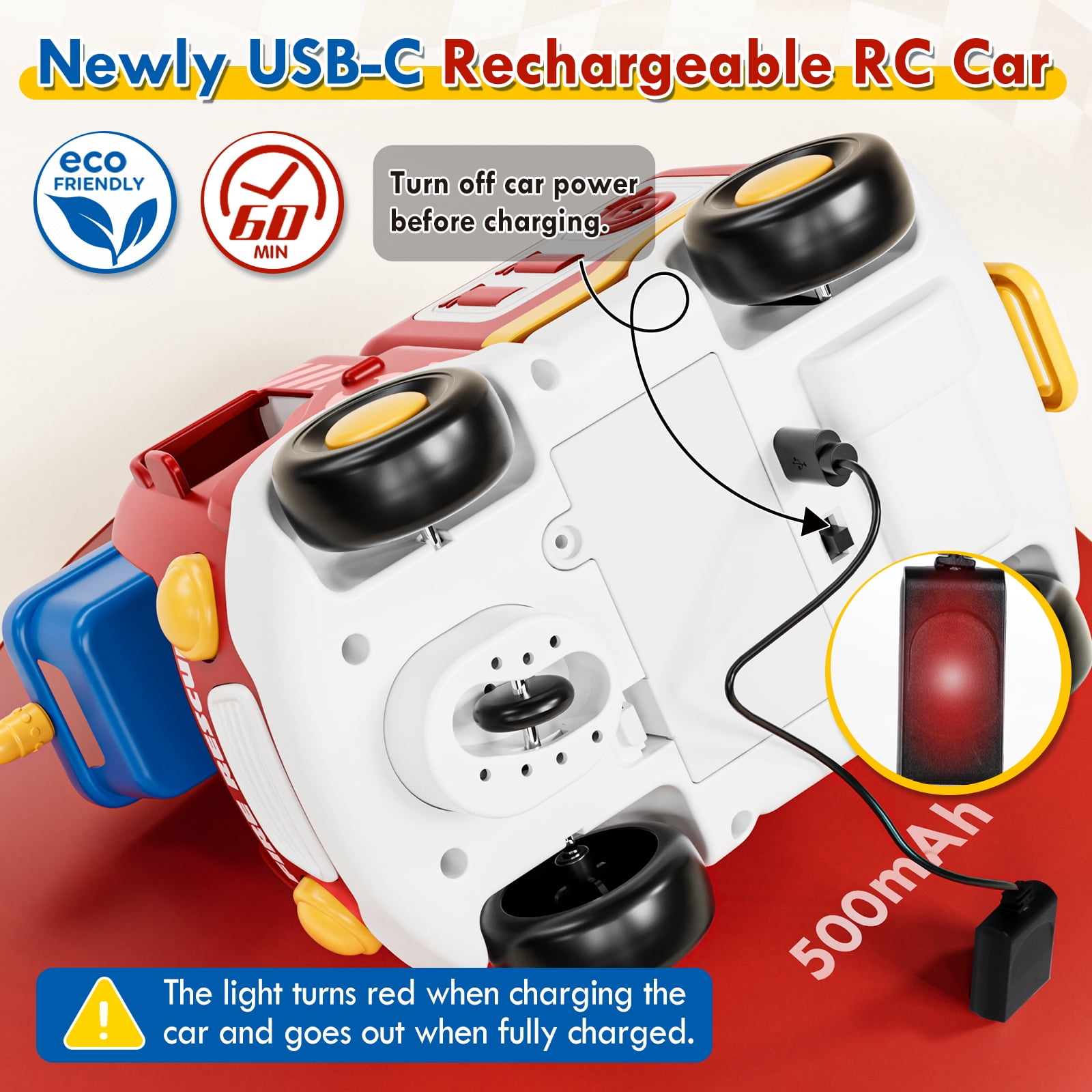 Toys for 2 Year Old Boys Toys, Rechargeable Remote Control Car for Toddler, Kids Toys Age 2 3 4 5, Fire Car with LED Lights & Music, Gifts for Toddler Boys 18+ Months