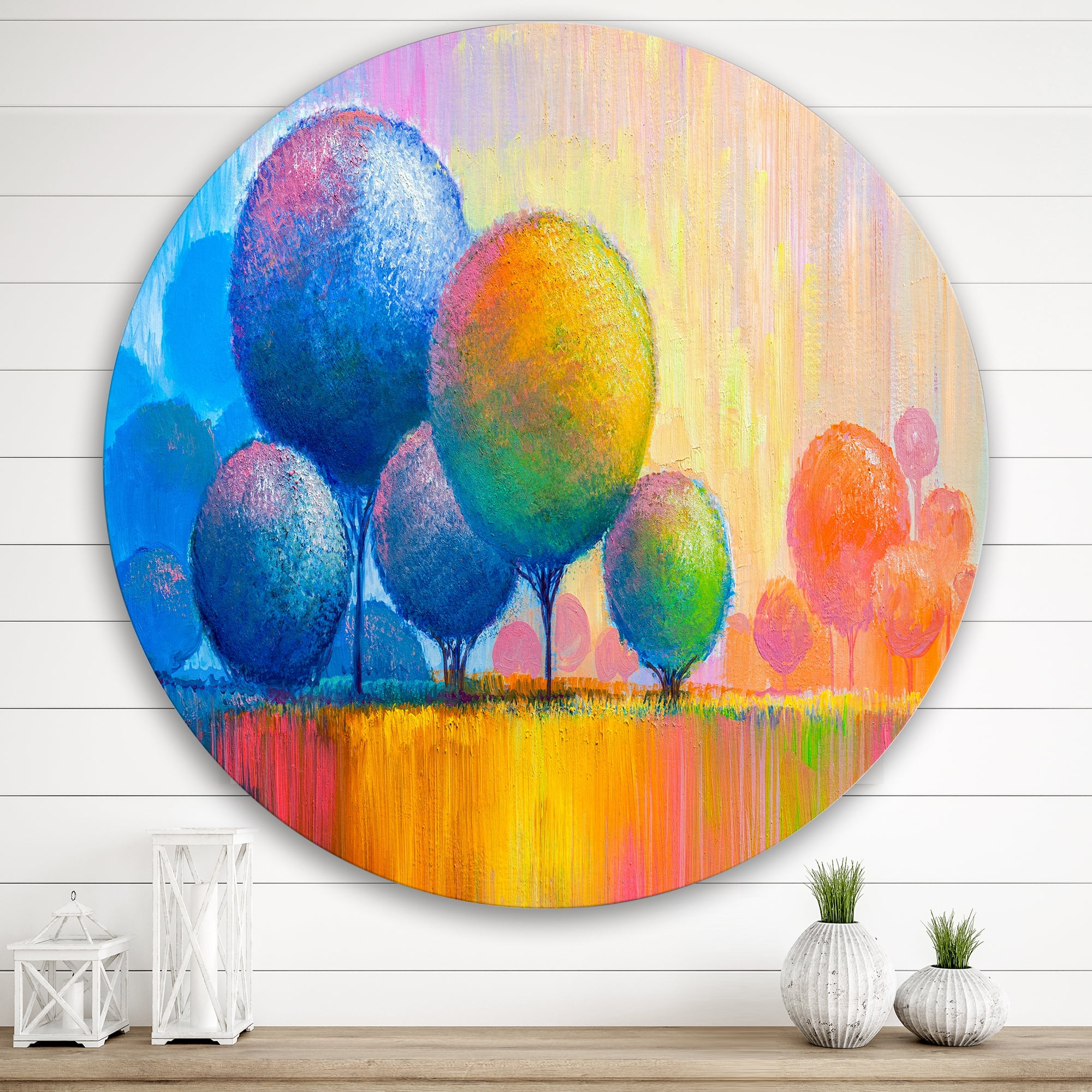 Designart 'Ornamental Colourful Trees VII' Modern Circle Metal Wall Art 29x29 - Disc of 29