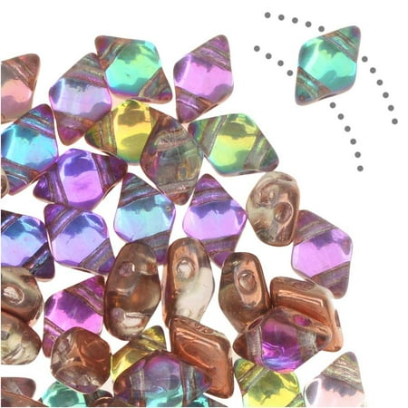 Czech Glass DiamonDuo Mini, 2-Hole Diamond Shaped Beads 4x6mm, 8 Grams, Prismatic Fiesta