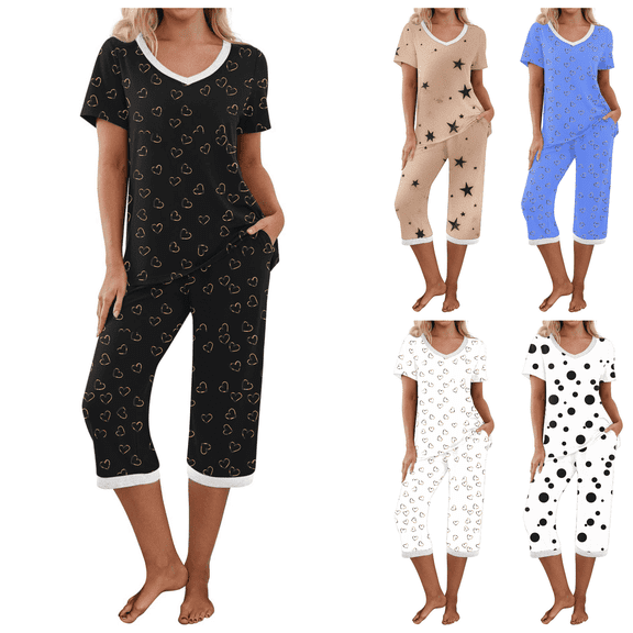 Lovzfmll Pajama Set for Women, Printed V-Neck Short Sleeve Set, Pocket 3/4 Pants Sleepwear, Casual Home & Active Loungewear Black, S