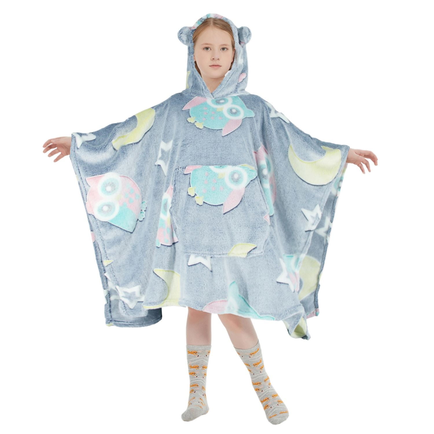 Marina Decoration Glow in the Dark Blanket Wearable Hoodie for Kids Boys Girls Oversized Woven Fluffy Plush Soft Warm Cozy Flannel Fleece Hooded Sweatshirt with Giant Pocket, 110 x 75 cm Owl