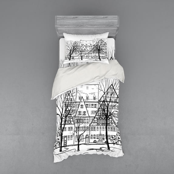 Cityscape Duvet Cover Set, Autumn Season Cityscape European Town Street Hand Drawn Effect Illustration, Bedding Set with Shams and Fitted Sheet, 3 Sizes, by Ambesonne