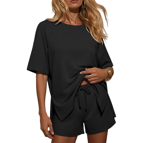Carlikeit Casual Women Lounge Set 2026 2 Piece Summer Short Outfit Crewneck Top and Drawstring Shorts Matching Set for Daily Wear Travel