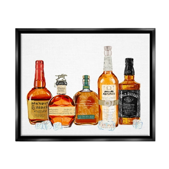 Stupell Industries Whiskey Bottles & Ice Cubes Food & Beverage Painting Black Floater Framed Art Print Wall Art, 21 x 17