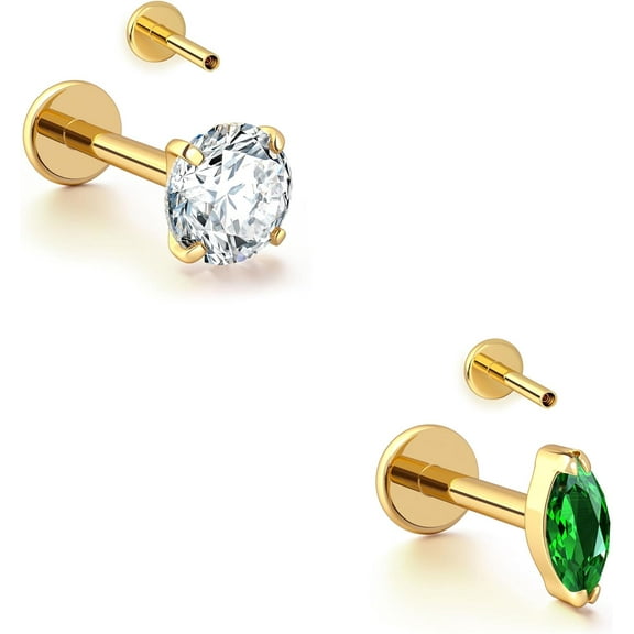 16G Gold Stud Earrings Flat Back - G23 Titanium Internal Thread Clear CZ Cartilage Earrings for Women