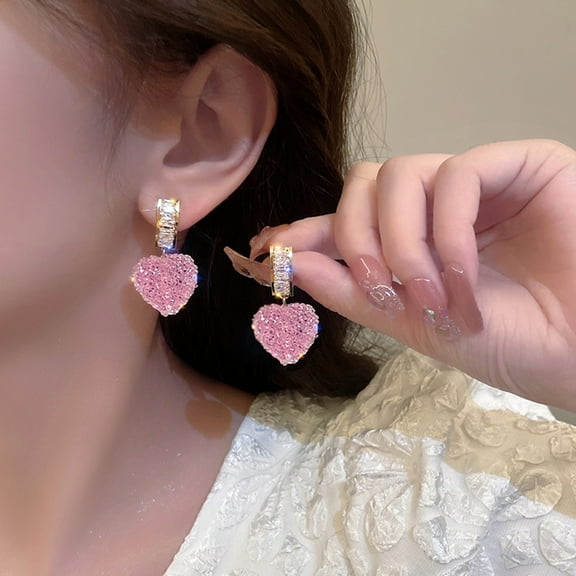 Anvazise 1 Pair Dangle Earrings Shiny Cubic Zirconia Sweet Geometric Anti-fade Decorative Birthday Gift Women Pink Fudge Love Pendant Stud Earrings Jewelry for Dating Pink