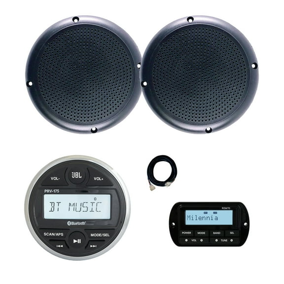 JBL PRV-175 Marine Gauge Hole Mount USB Bluetooth AM/FM Digital Stereo Receiver, Wired Remote, Extension Cable, 2x 5.25" 20 Watt Max Power Polycone Audio Speakers (Bulk Packaging)