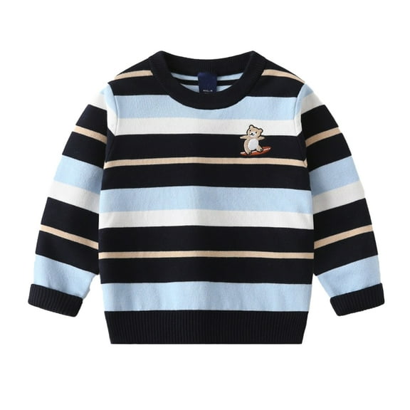 LYMAYTER Kids Boys Striped Knit Tops Baby Embroidered Sweater Toddle Soft Long Sleeve Jumper 2-7 Years