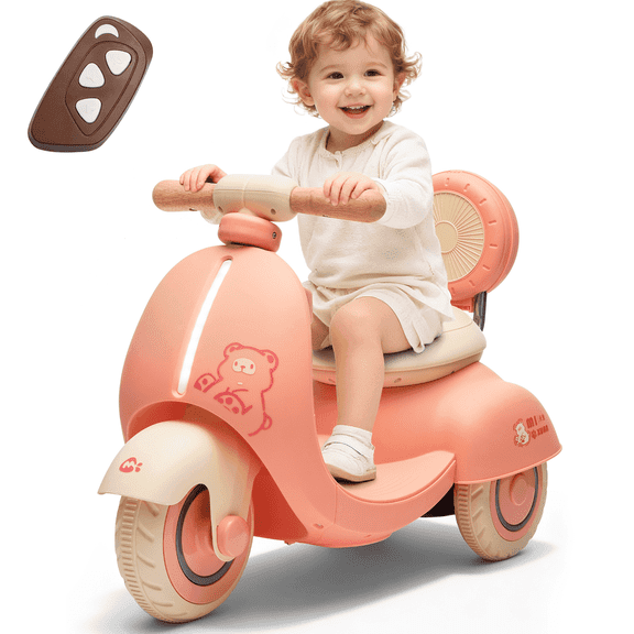 Track Seven 12V Ride on Motorcycle, 3-Wheel Toddler Electrc Scooter with Remote Control, Bluetooth, Wide Seat, Wooden Handle, Slow Start, Electric Motorycle for Boys Girls Aged 1-3 Years, Pink