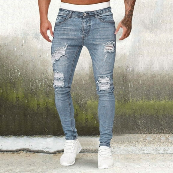 MHFRRA Mens Jeans Bootcut Men's Casual Hop Sports High Stretch Tight Wash Polished White Ripped Fit Zipper Jean Pants Size XXXL