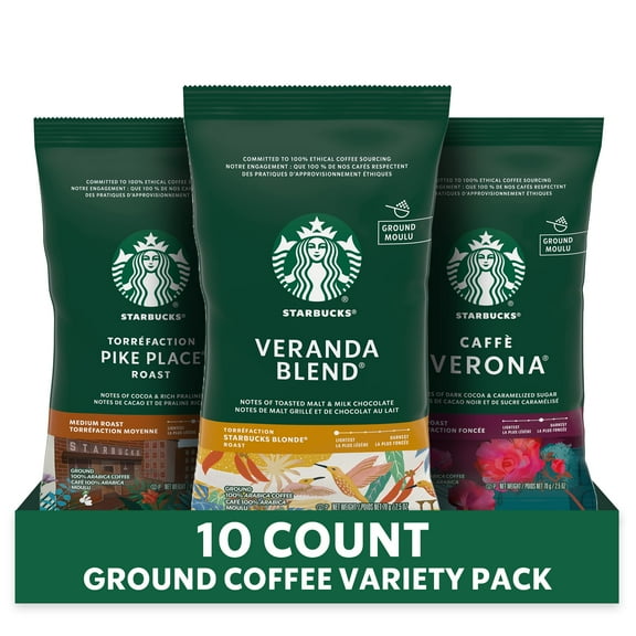 Starbucks Ground Coffee Variety Pack—Dark, Medium, Starbucks Blonde Roast—100% Arabica—10 Packets (2.5 Oz Each)