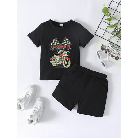 

Pudcoco Toddler Kids Boys Summer Clothes Outfits Motorbike Flag Letter Print Short Sleeve T-Shirts and Solid Color Shorts 2Pcs Suit