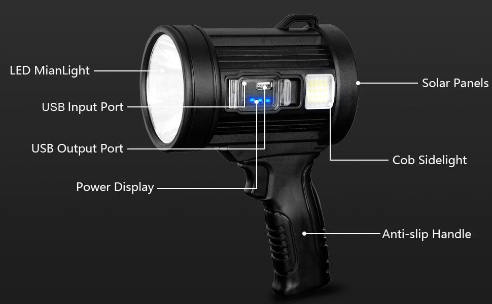 Rechargeable Spotlight Flashlight 9000LM, Handheld LED Spotlight with Solar Panel & COB Floodlight, Waterproof Super Bright Light for Camping Boating Hunting Emergency - USB-C Charging