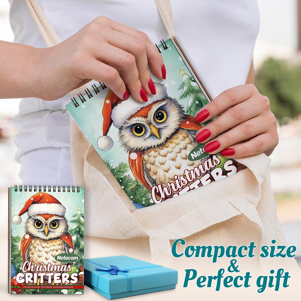 Netecom Christmas Critters Coloring Book Spiral Bound For Adults, A5 Wooden Cover, 30 Playful Coloring Pages of Cute Holiday Creatures for Stress Relief and Relaxation