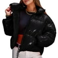 thumbnail image 6 of VNKIDY Women's Coat Autumn Winter Solid Color Shiny Puffer Crop Jacket Long Sleeve Zipper Sleek Style Coat For Casual Daily Streetwear Activities Relaxed Fit Outerwear, 6 of 7