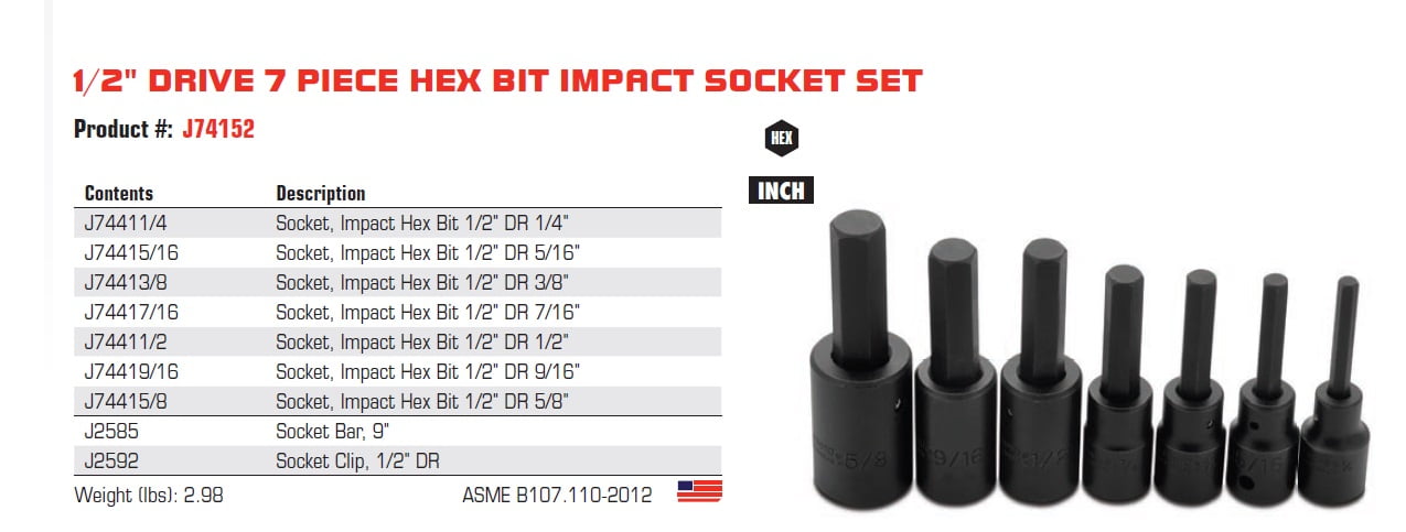 PROTO 7-Piece Hex-Bit Impact Socket Set, SAE, 1/2" Drive, 1/4" to 5/8"