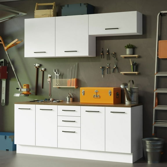 Madesa 4-Piece Garage and Utility Room Storage Cabinet Set 78 Inch with 33 Inch Base Cabinet and 31 Inch Slim Wall Cabinet Modular Storage Organization Unit - White