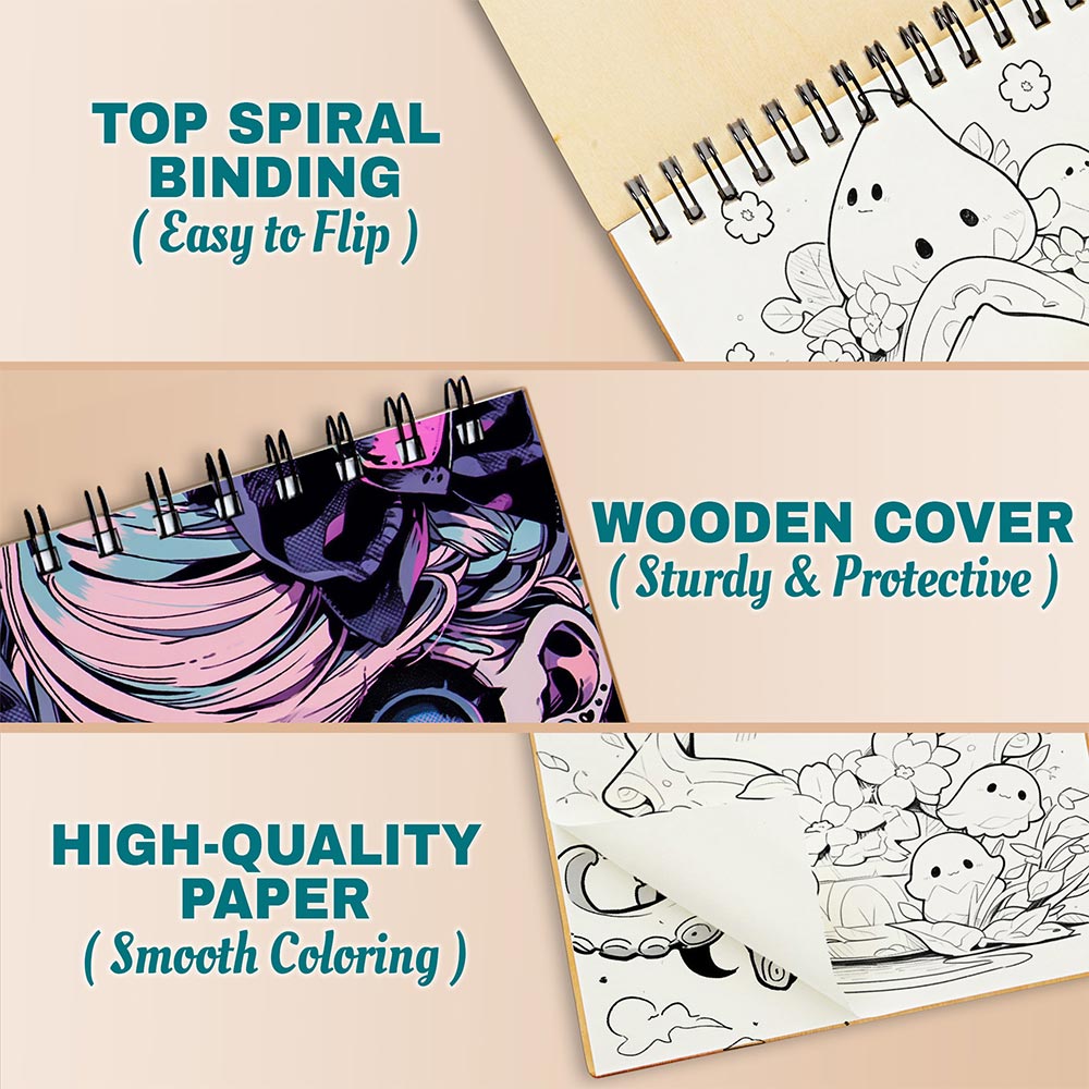 Netecom Creepy Cutie Coloring Book Spiral Bound For Adults, A5 Wooden Cover, 30 Delightful Coloring Pages of Playful Monsters for Stress Relief and Relaxation