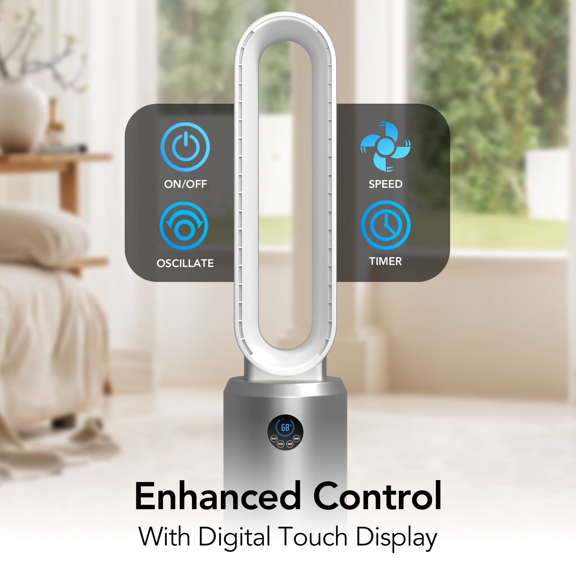 Comfort Zone 40" Bladeless Tower Fan with Remote Control, 9H Timer, Silver