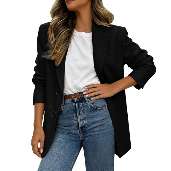 Drovellove Women's Casual Blazer Jacket with Collar Long Sleeve Button Up Cardigan Coat - Solid Color Soft Comfortable Lightweight Outerwear for Work Office Party Dating Vacation