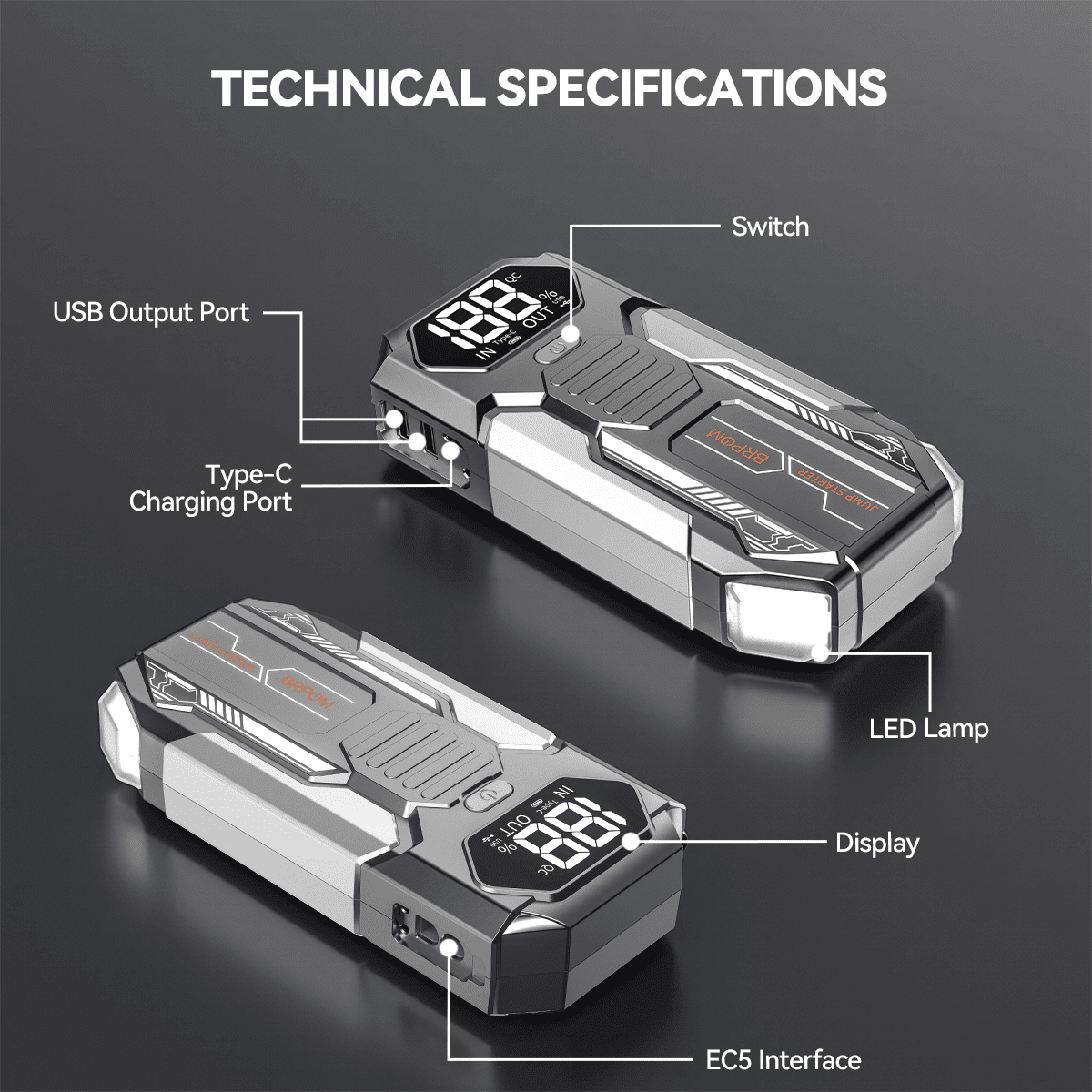 BRPOM Car Battery Jump Starter 4000A, 12V Jump Starter Battery Pack for 6.0L Gas and 5.0L Diesel, 16800mAh Portable Jump Box with LED Light, LED Display, Fast Charging & Emergency Power Bank
