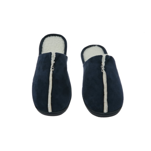 Sunday Morning Slip-On Memory Foam House Slippers, Size 11-12 ? Warm Cozy Faux Lamb Wool Fleece Lining ? Wear Resistant Microsuede ? Durable Non-Marking Rubber Sole ? Men's Slippers, Navy Blue