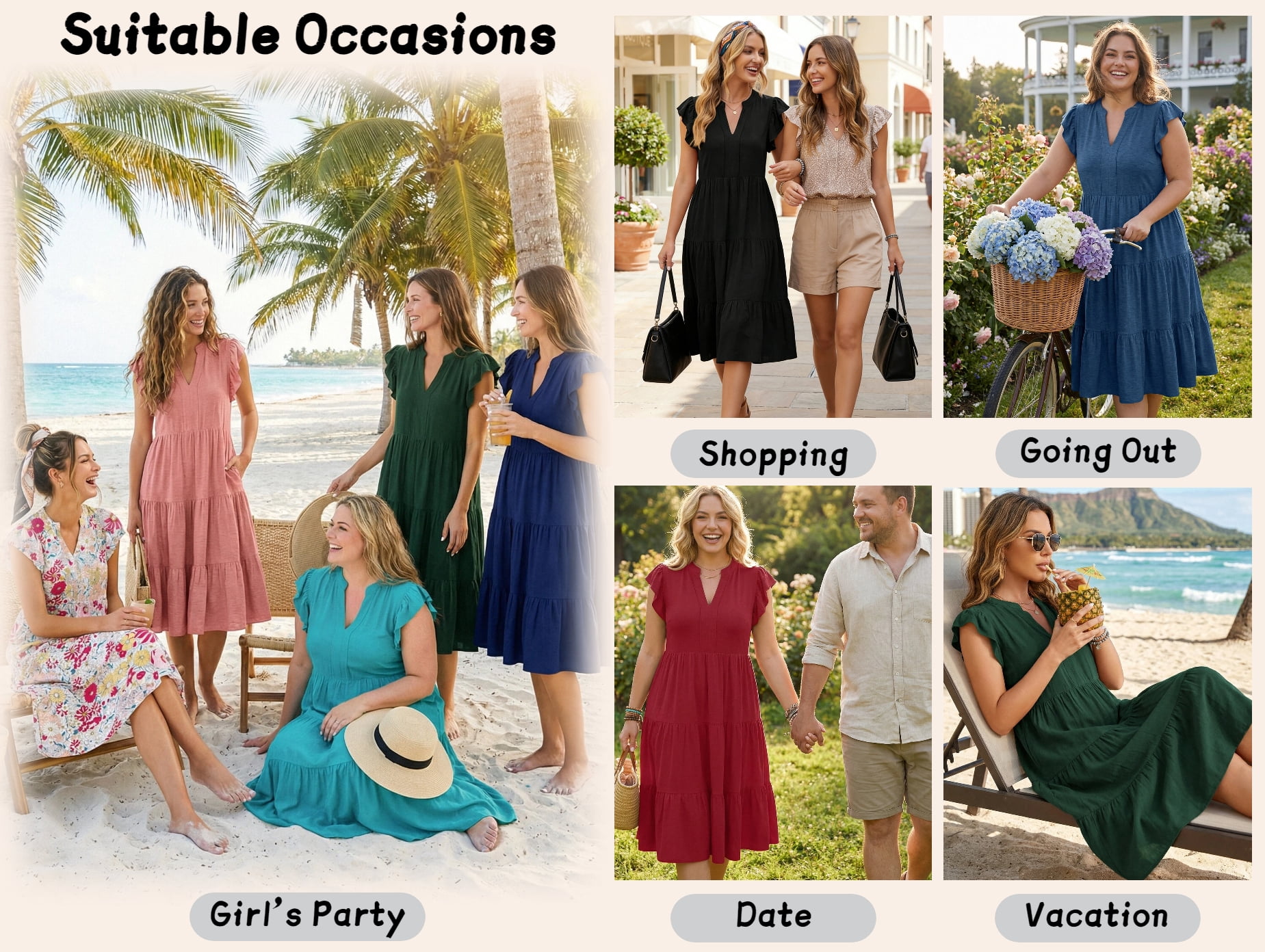UVN Summer Dresses for Women Ruffle Sleeve V Neck Midi Dress Casual Beach Sundress with Pockets