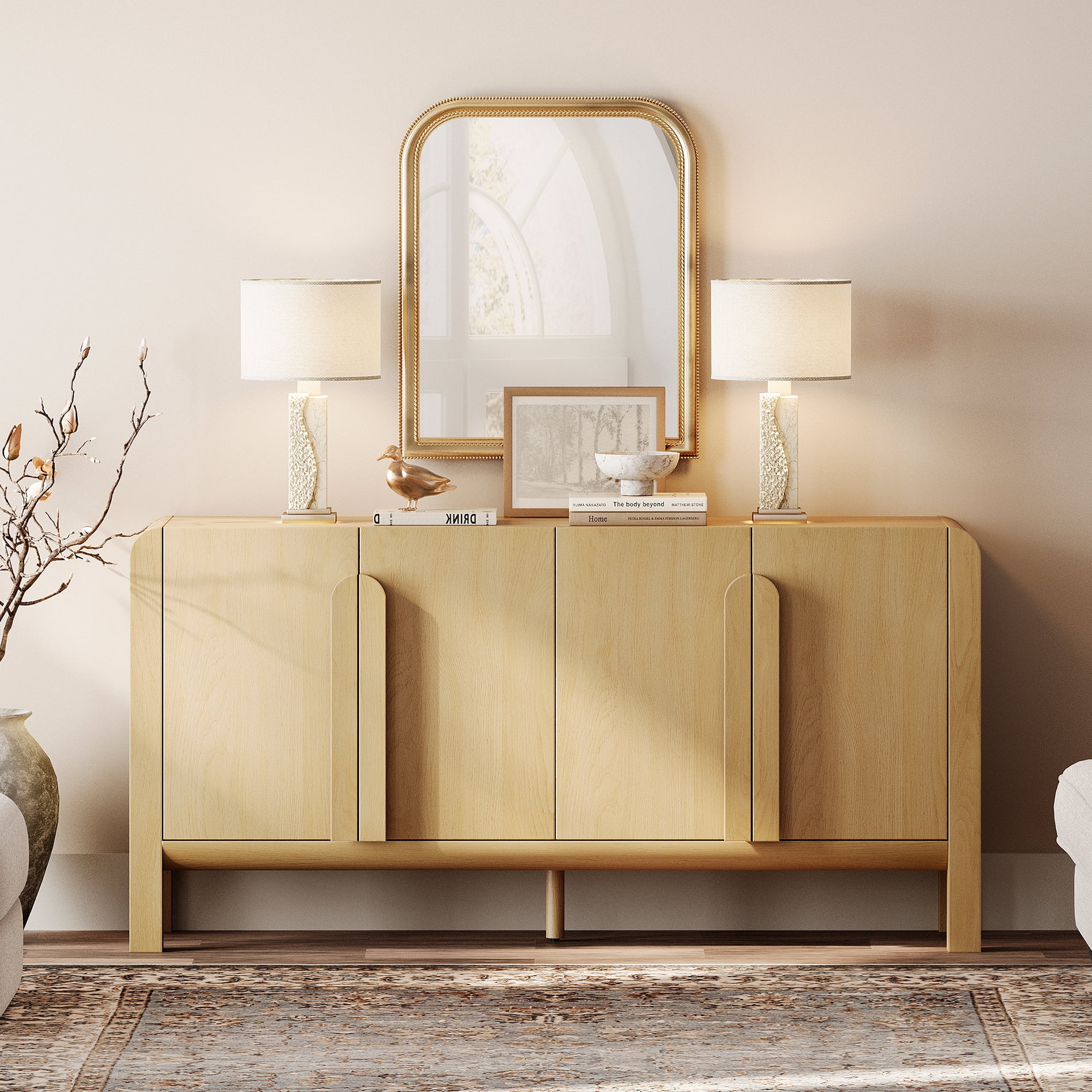 63" Accent Cabinet with 4 Doors and Adjustable Shelves, Modern Credenza Storage Cabinet with Curved Profile Design for Living Room, Kitchen, Dining Room, Hallway