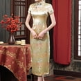 thumbnail image 2 of gcong Cheongsam Dress for Women Qipao Slim Fit Short Sleeve Bodycon Mandarin Collar Side Slit Chinese Floral Print Dragon Dress Wedding Guest Dresses for Women Gold, 2 of 4