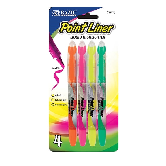 BAZIC Highlighter Assorted Color Chisel Broad Line Marker (4/Pack), 1-Pack
