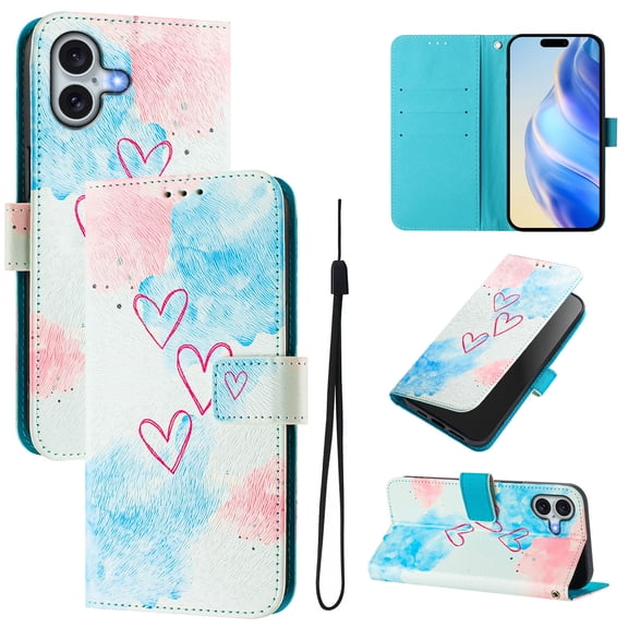 Compatible for iPhone 16 Plus Wallet Case, Painting Pattern Premium PU Leather [Credit Card Holder] [Wrist Strap] Flip Stand Feature Purse Case Full Body Protective Pattern Phone Cover, Love Me