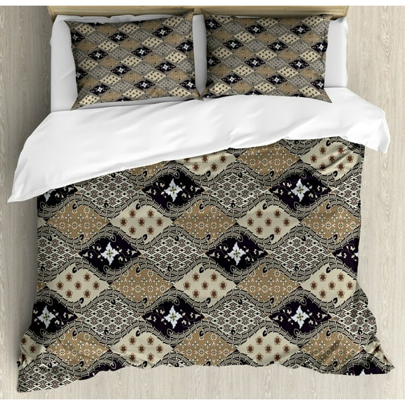 Asian Queen Size Duvet Cover Set, Indonesian Javanese Style Batik Pattern Wavy and Floral Design Old Fashioned Tile, Decorative 3 Piece Bedding Set with 2 Pillow Shams, Tan Black, by Ambesonne