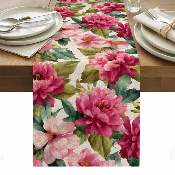 Pink Flowers Table Runner - 36 Inch Long, Kitchen Dining Table Runner Dresser Scarves, Spring Watercolor Floral Leaves Plants Beige Farmhouse Decor for Coffee Tables Wedding Party Banquet