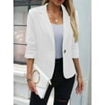 thumbnail image 3 of 2025 Summer Linen Women 3/4 Stretchy Ruched Sleeve Fully-Lined Casual Work Jacket with Pockets White L, 3 of 5