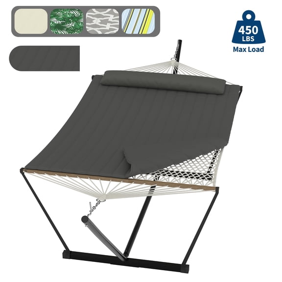 2 Person Portable Double Hammock for Outdoor with Pillow, Heavy Duty Portable Hammock with Adjustable Steel Stand for Patio, Garden, Beach, Backyard