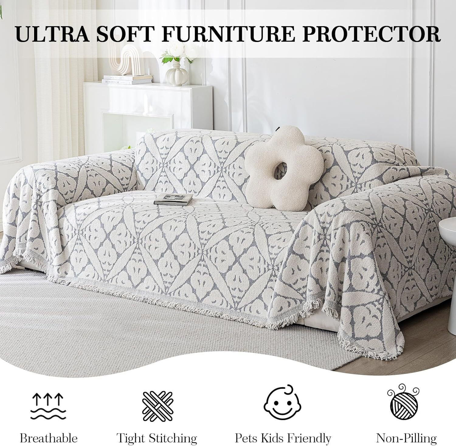 TOPCHANCES Chenille Couch Cover Sofa Slipcovers Towel Cover Couch Furniture Pet Protector Throws Blanket  (180*260cm, Grey)