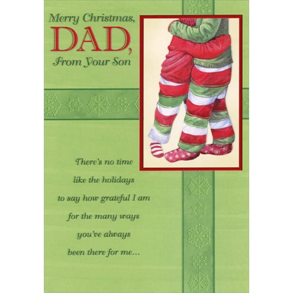 Designer Greetings Dad and Son Hugging in Festive Clothes Christmas Card for Dad from Son