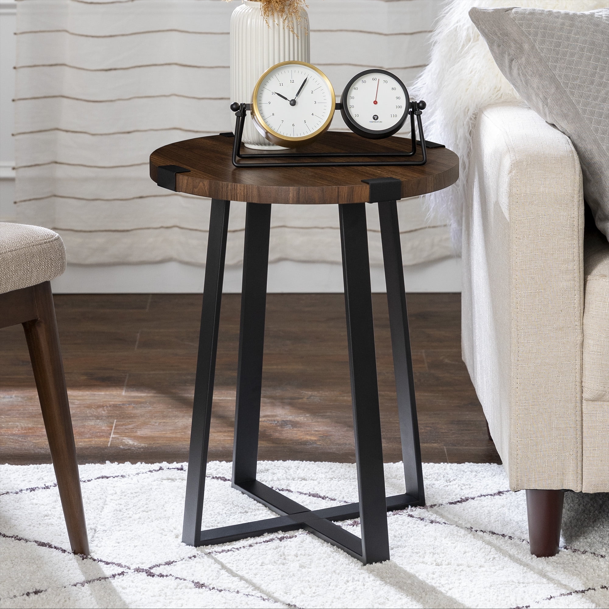 Walker Edison Rustic Wood and Metal Round End Table, Dark Walnut