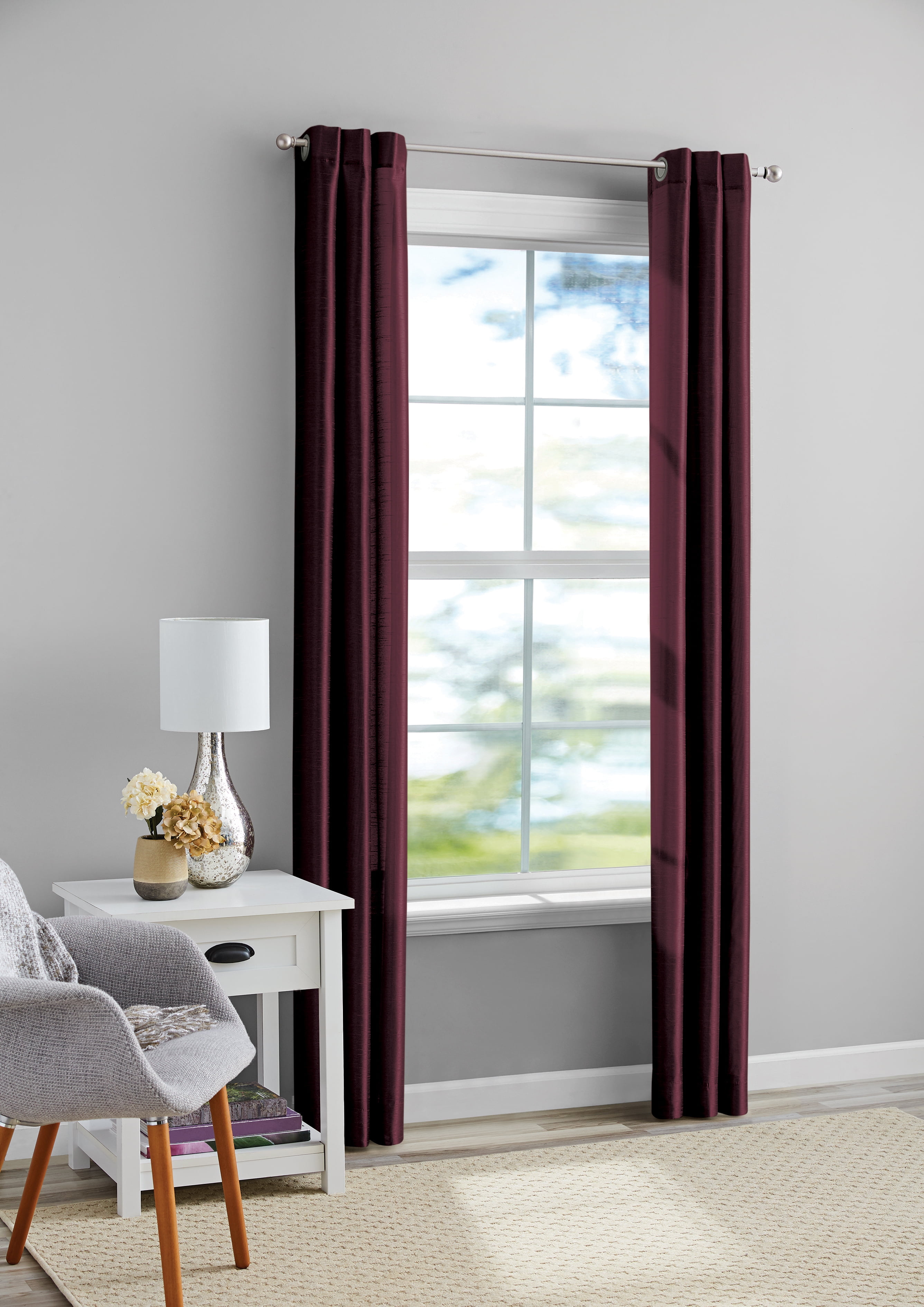 Mainstays Textured Faux Silk Light Filtering Grommet Curtain Panel, Set of 2, Burgundy, 37” W x 84” L