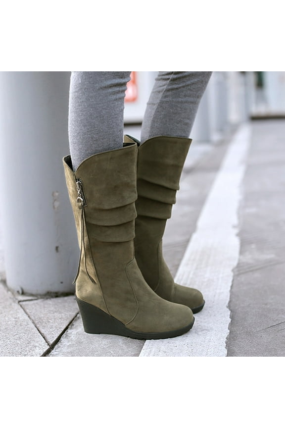 Womens Heeled Mid-Calf Boots-Girls' Boots Suede Zipper Christmas Retro Winter Boots for Women Army Green