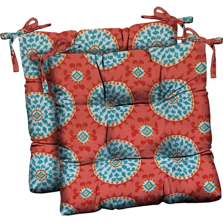 Indoor Outdoor Set Of 2 Tufted Dining Chair Seat Cushions, 17" X 17" X 2", Choose Color (Watermelon Sundial)